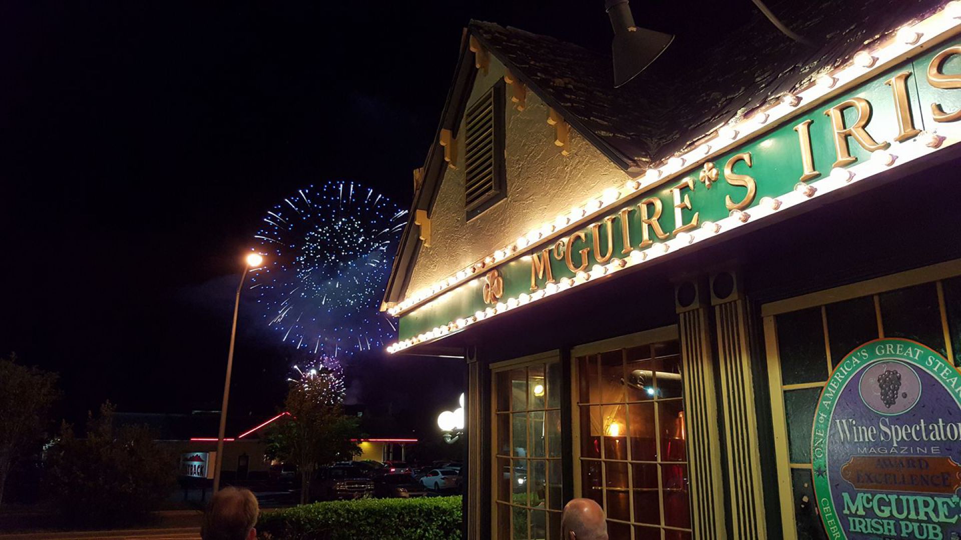 Front View of McGuires with Fireworks in the Background